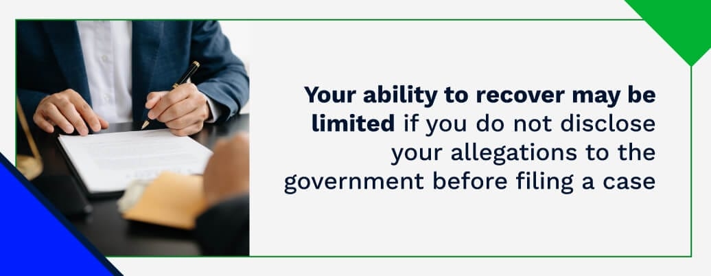 A graphic of a lawyer sitting across from a client next to text describing the importance of disclosing allegations to the government