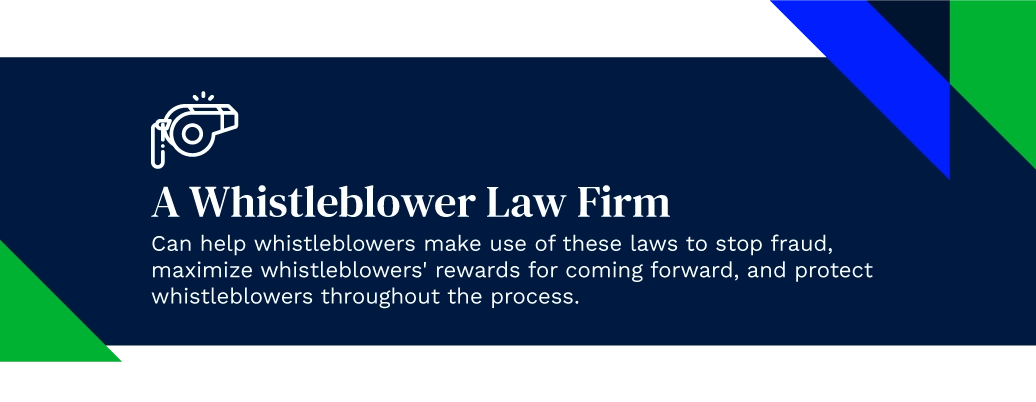 A whistle above text describing the benefits of a whistleblowers law firm on a dark blue background